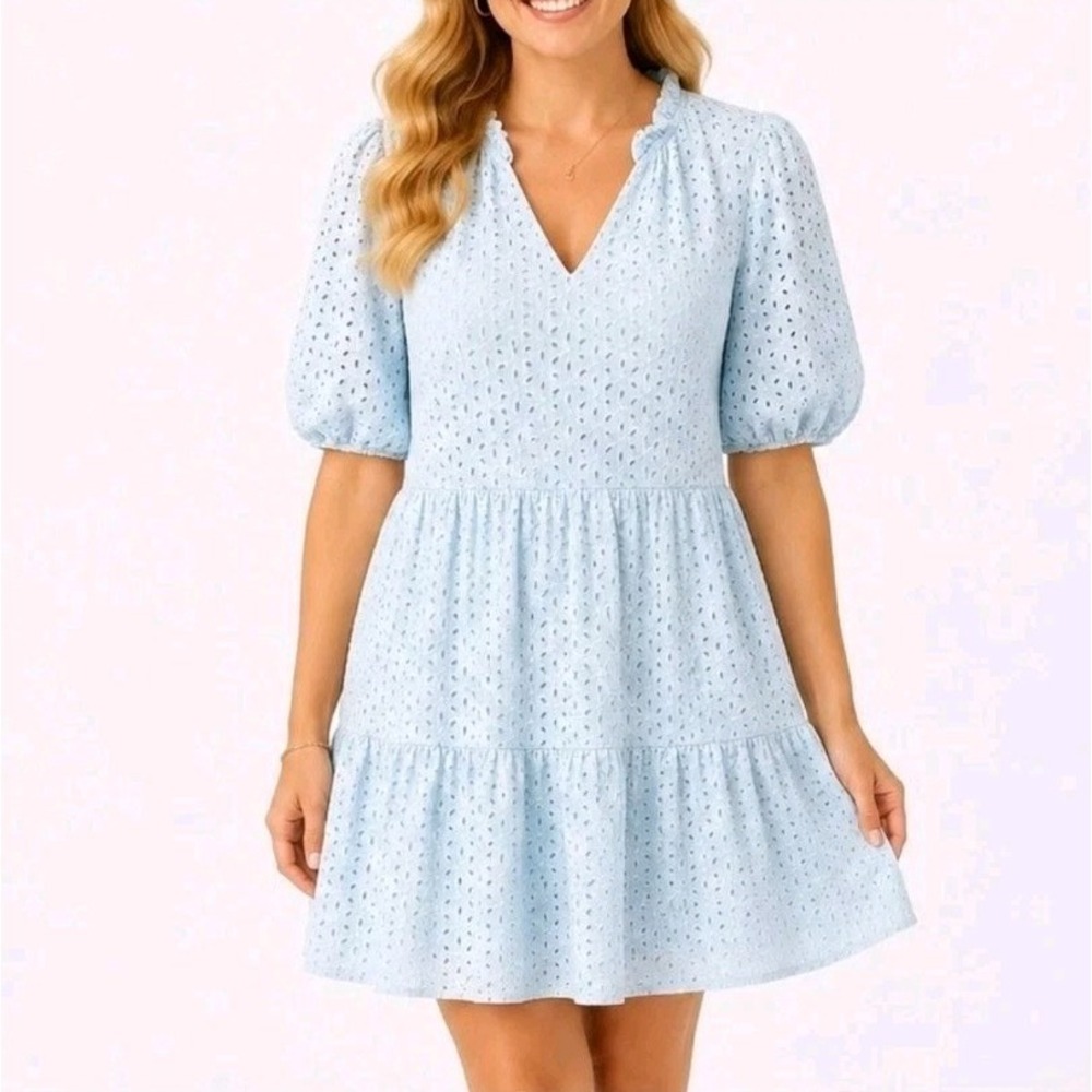 Kirundo Eyelet Fit Flare Knee Length Dress Large Puff Sleeve Pockets Summer Sun